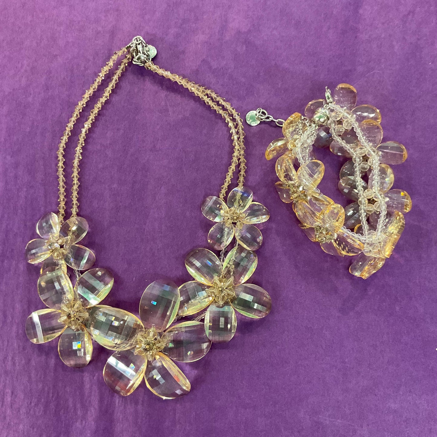 Vintage Butler and Wilson Champange/ Pale Gold Statement Floral Crystal Bracelet , Chequerboard cut Crystal