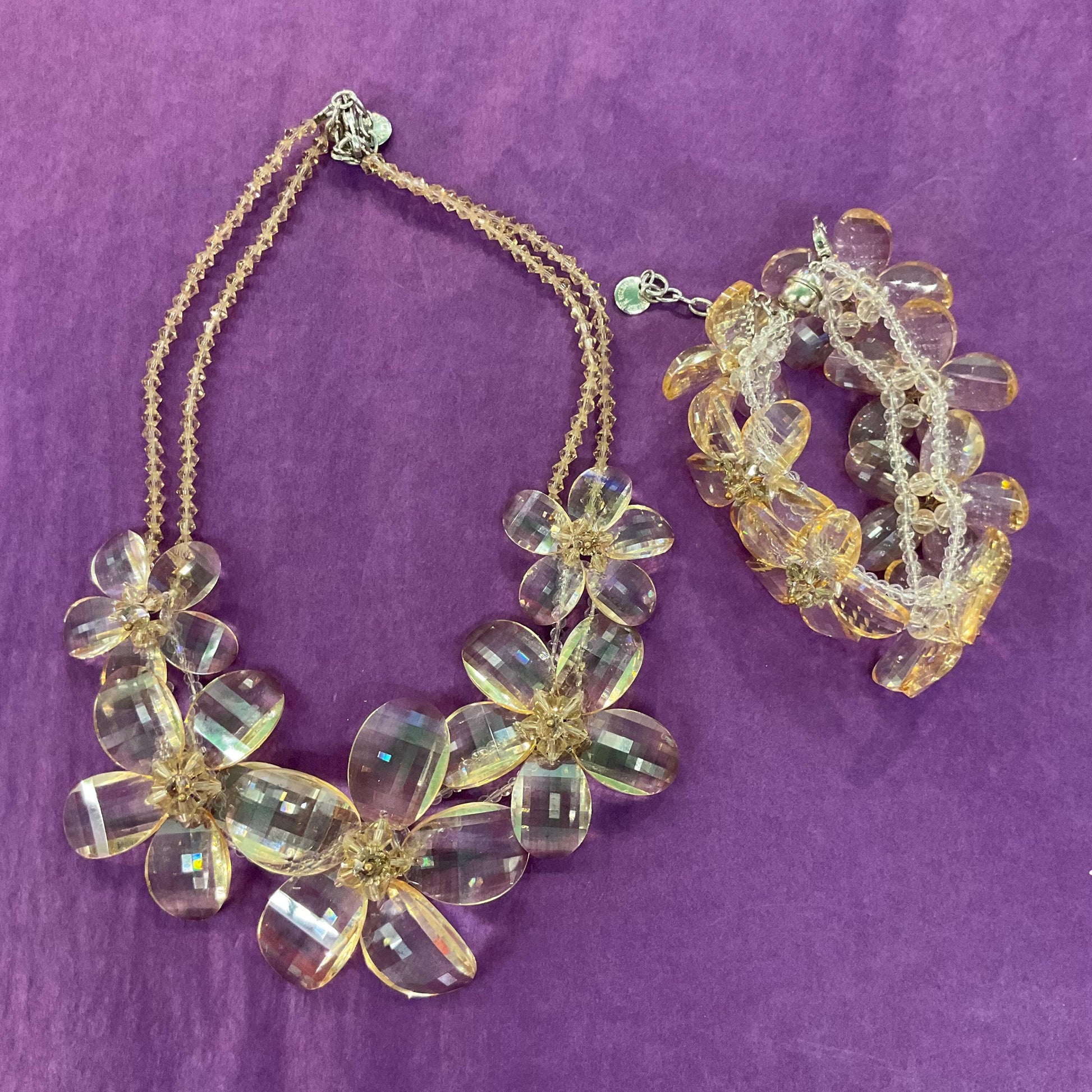 Vintage Butler and Wilson Champange/ Pale Gold Statement Floral Crystal Bracelet , Chequerboard cut Crystal