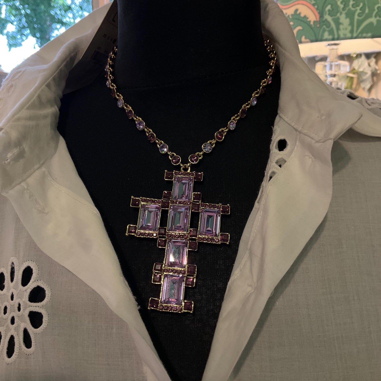 Vintage Butler and Wilson Art Deco Style Crystal Cross Statement Pendant Necklace