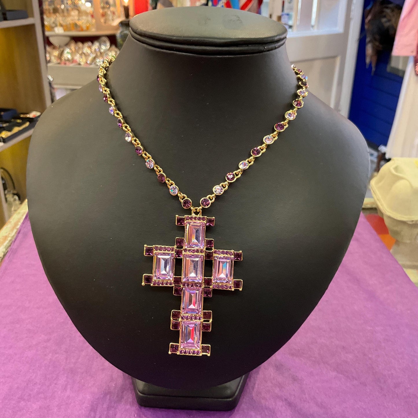 Vintage Butler and Wilson Art Deco Style Crystal Cross Statement Pendant Necklace