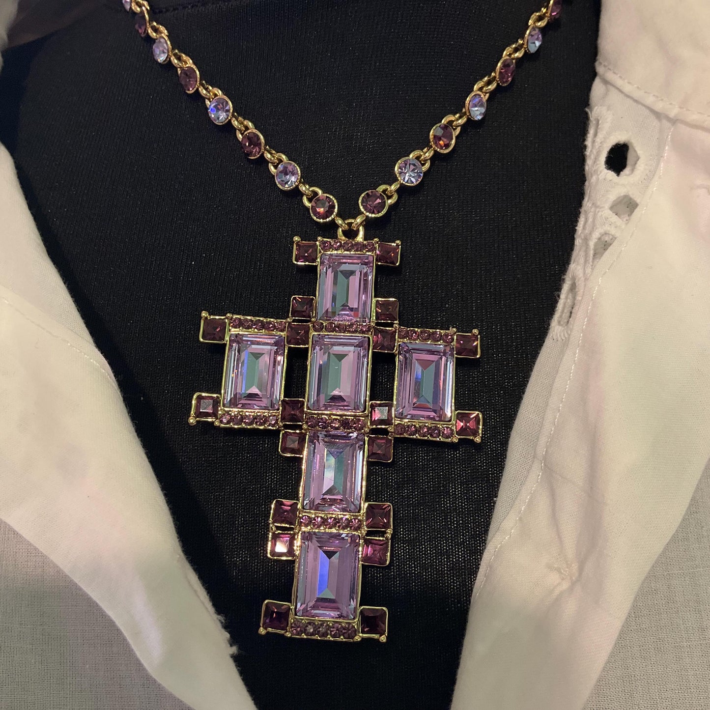 Vintage Butler and Wilson Art Deco Style Crystal Cross Statement Pendant Necklace