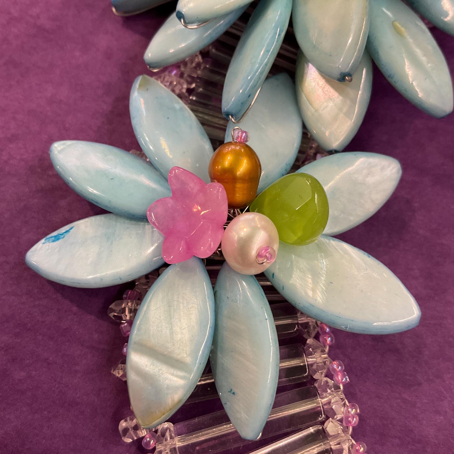 Vintage Butler and Wilson Mother of Pearl, Freshwater Pearl and Crystal Statement Floral Necklace