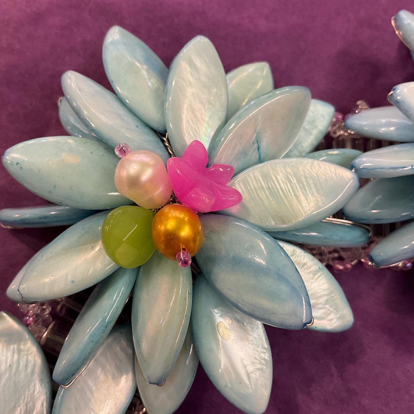 Vintage Butler and Wilson Mother of Pearl, Freshwater Pearl and Crystal Statement Floral Necklace