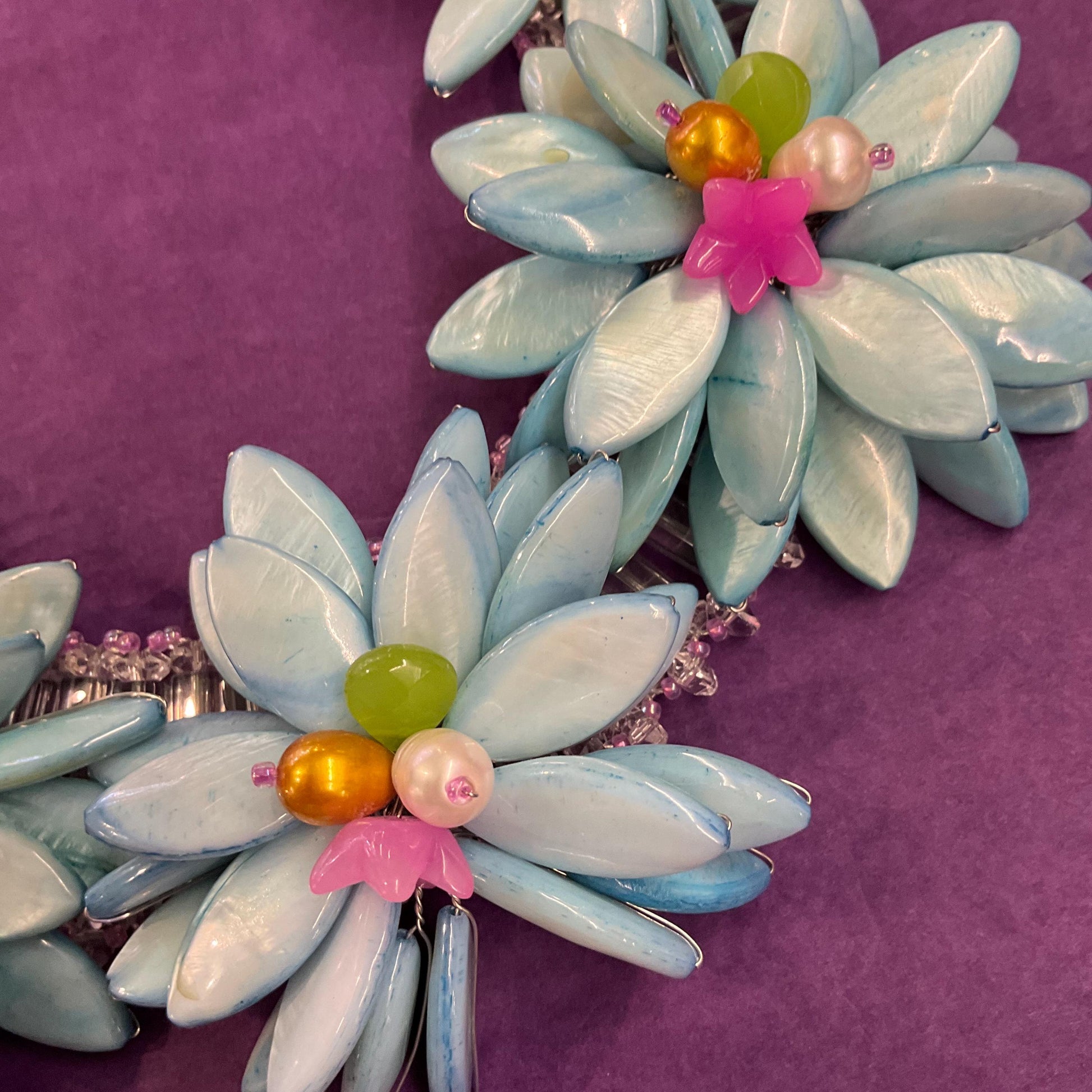 Vintage Butler and Wilson Mother of Pearl, Freshwater Pearl and Crystal Statement Floral Necklace