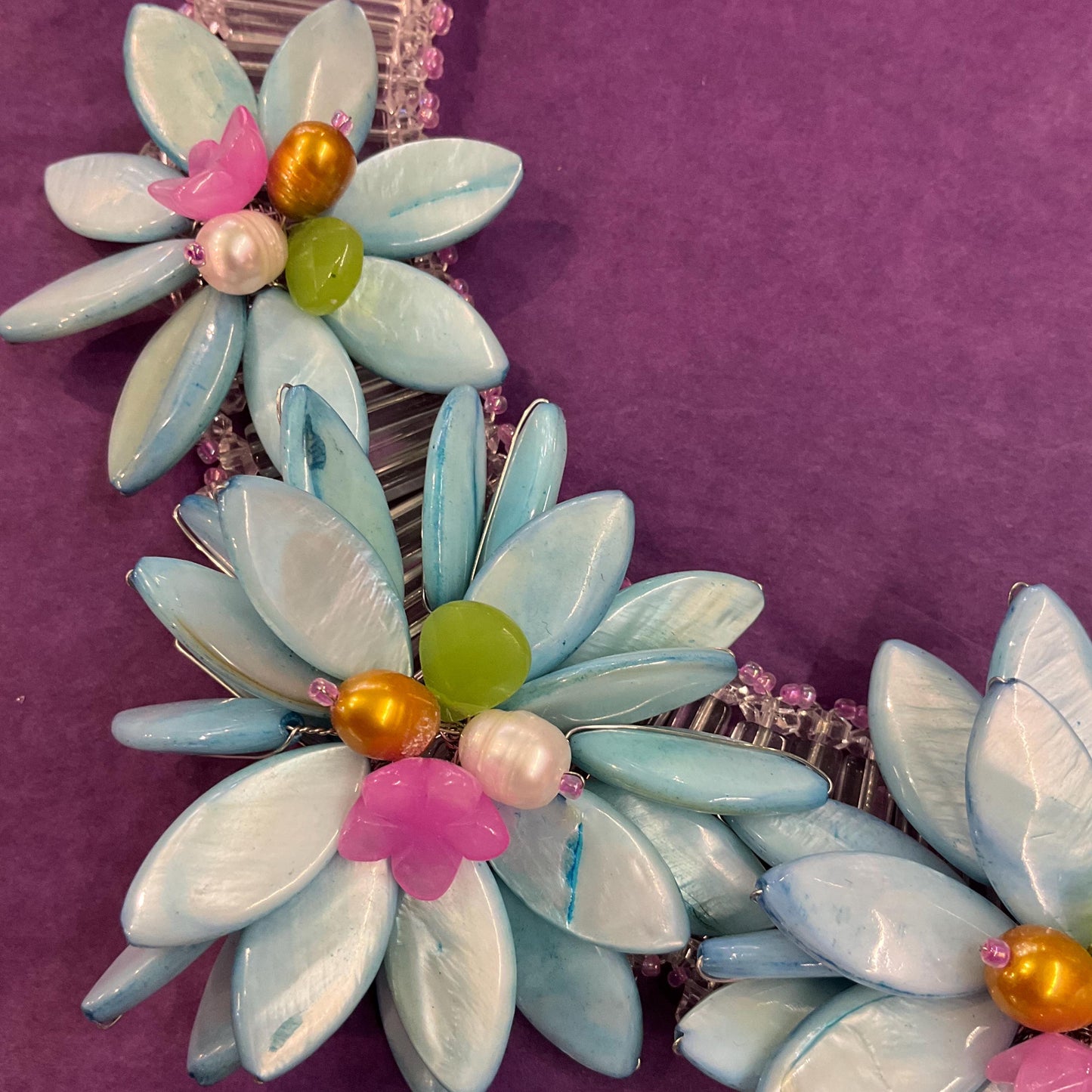 Vintage Butler and Wilson Mother of Pearl, Freshwater Pearl and Crystal Statement Floral Necklace