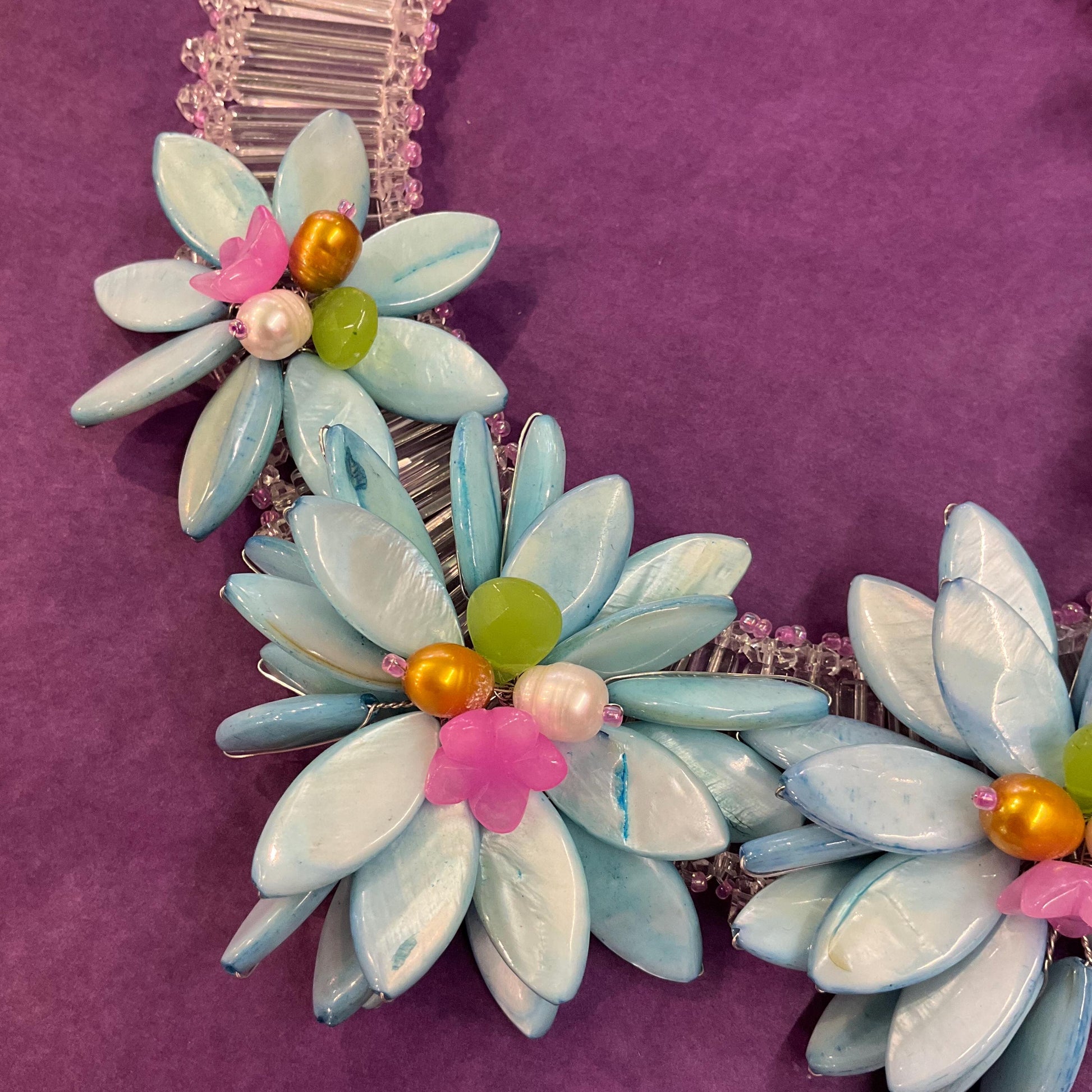 Vintage Butler and Wilson Mother of Pearl, Freshwater Pearl and Crystal Statement Floral Necklace