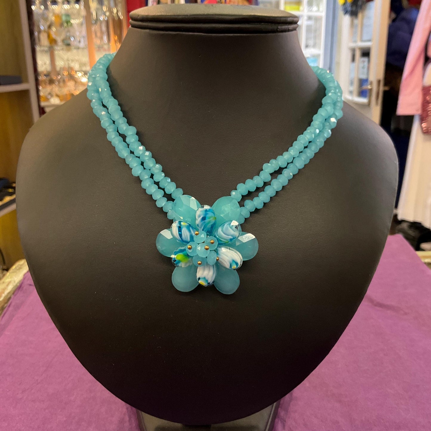 Vintage Butler and Wilson Blue Crystal Floral Twin Row Crystal Necklace