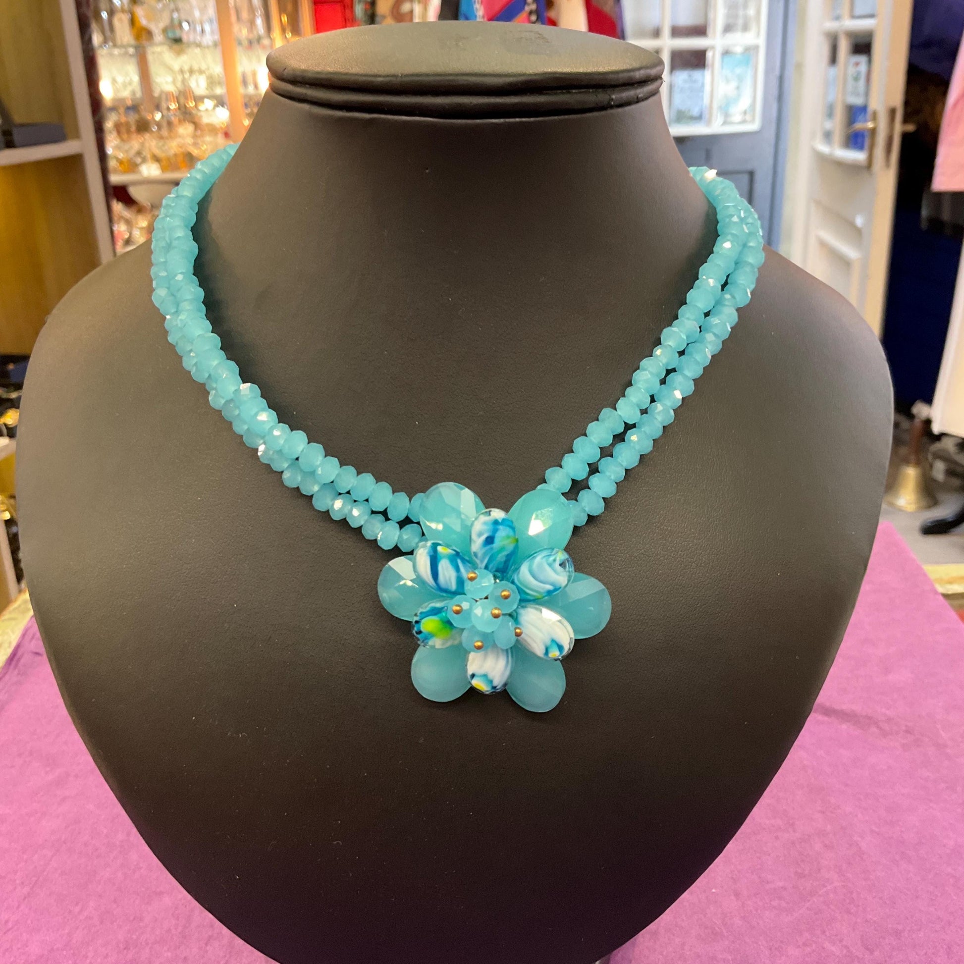 Vintage Butler and Wilson Blue Crystal Floral Twin Row Crystal Necklace