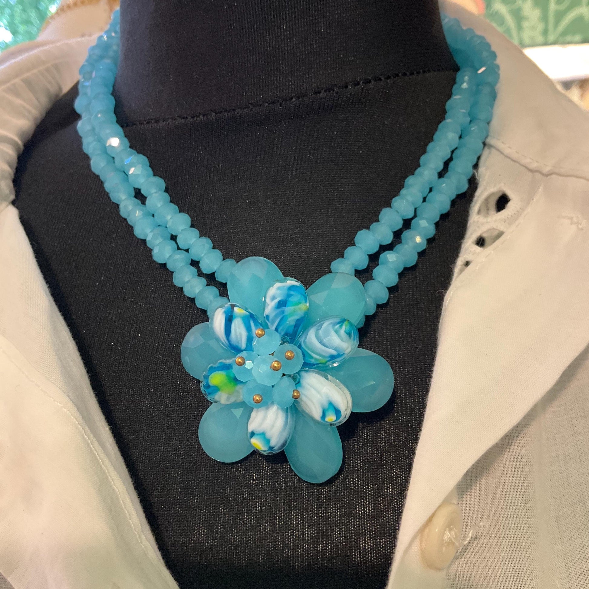 Vintage Butler and Wilson Blue Crystal Floral Twin Row Crystal Necklace