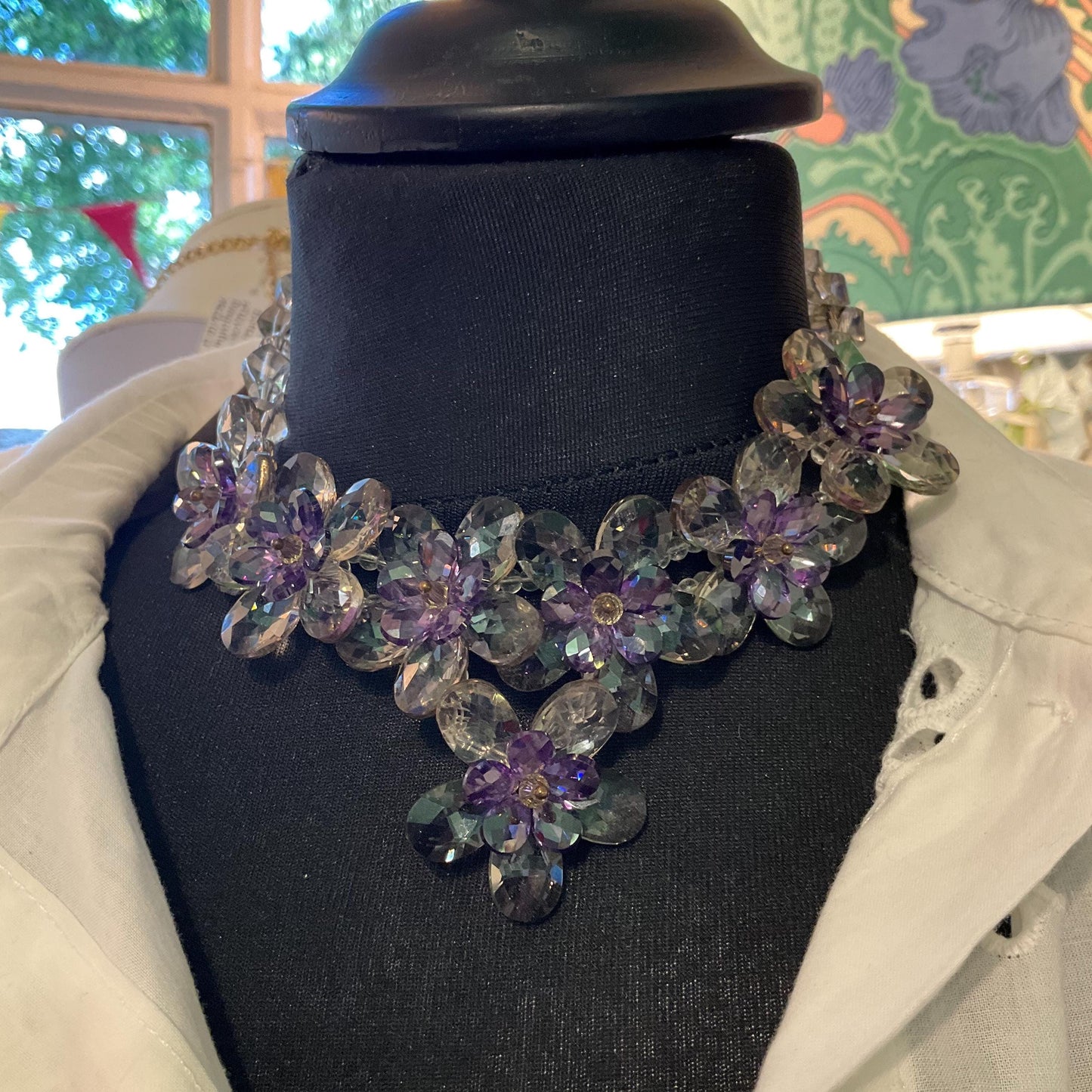 Vintage Butler and Wilson Purple and Pewter Crystal Beaded Floral Necklace and Earring Set