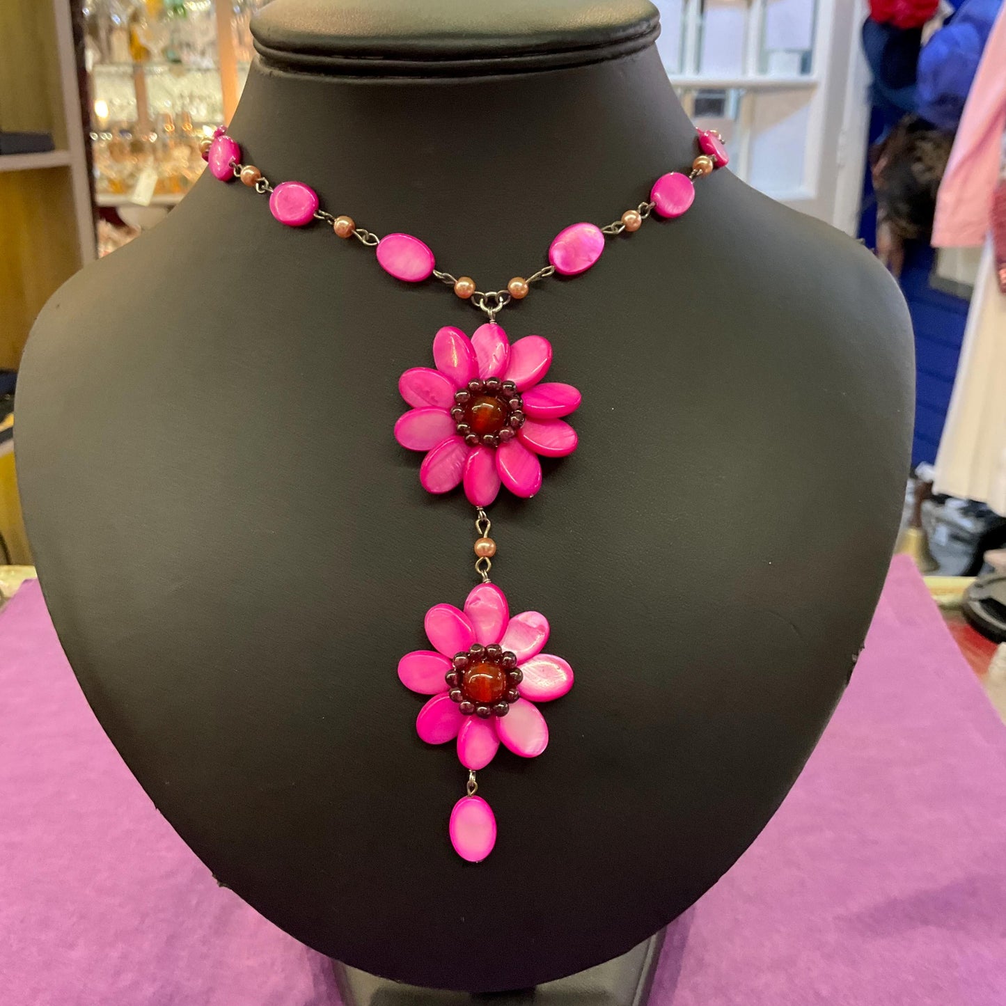 Vintage Butler and Wilson Pink Mother of Pearl Bohemian Flower Y Drop Necklace