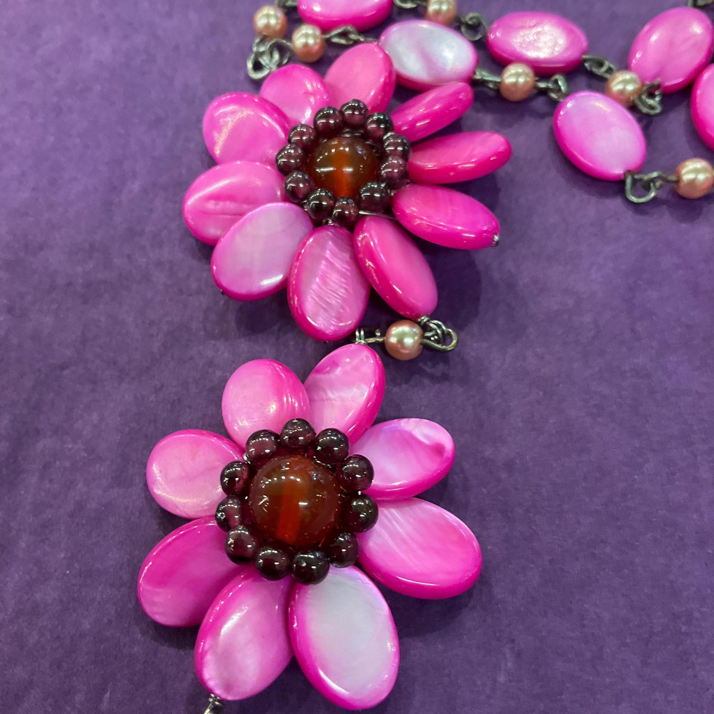 Vintage Butler and Wilson Pink Mother of Pearl Bohemian Flower Y Drop Necklace