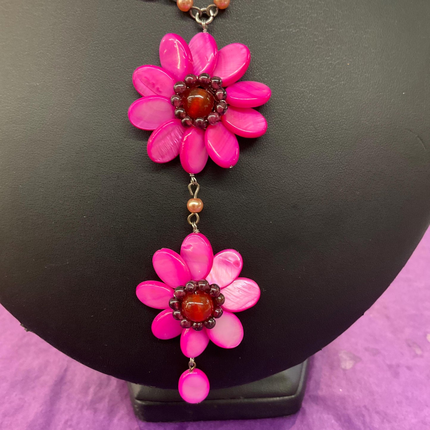 Vintage Butler and Wilson Pink Mother of Pearl Bohemian Flower Y Drop Necklace
