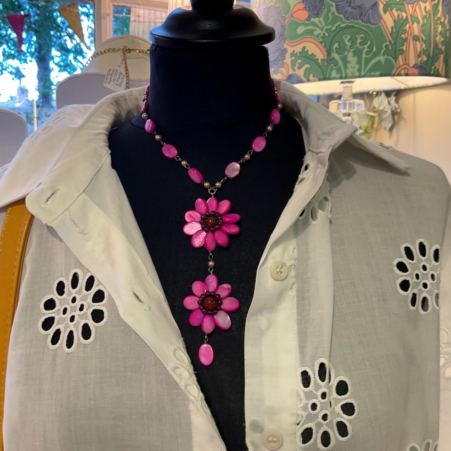 Vintage Butler and Wilson Pink Mother of Pearl Bohemian Flower Y Drop Necklace