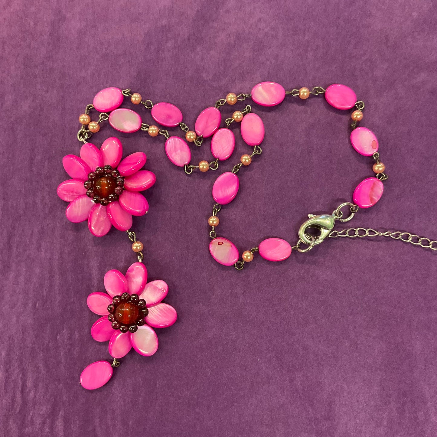 Vintage Butler and Wilson Pink Mother of Pearl Bohemian Flower Y Drop Necklace