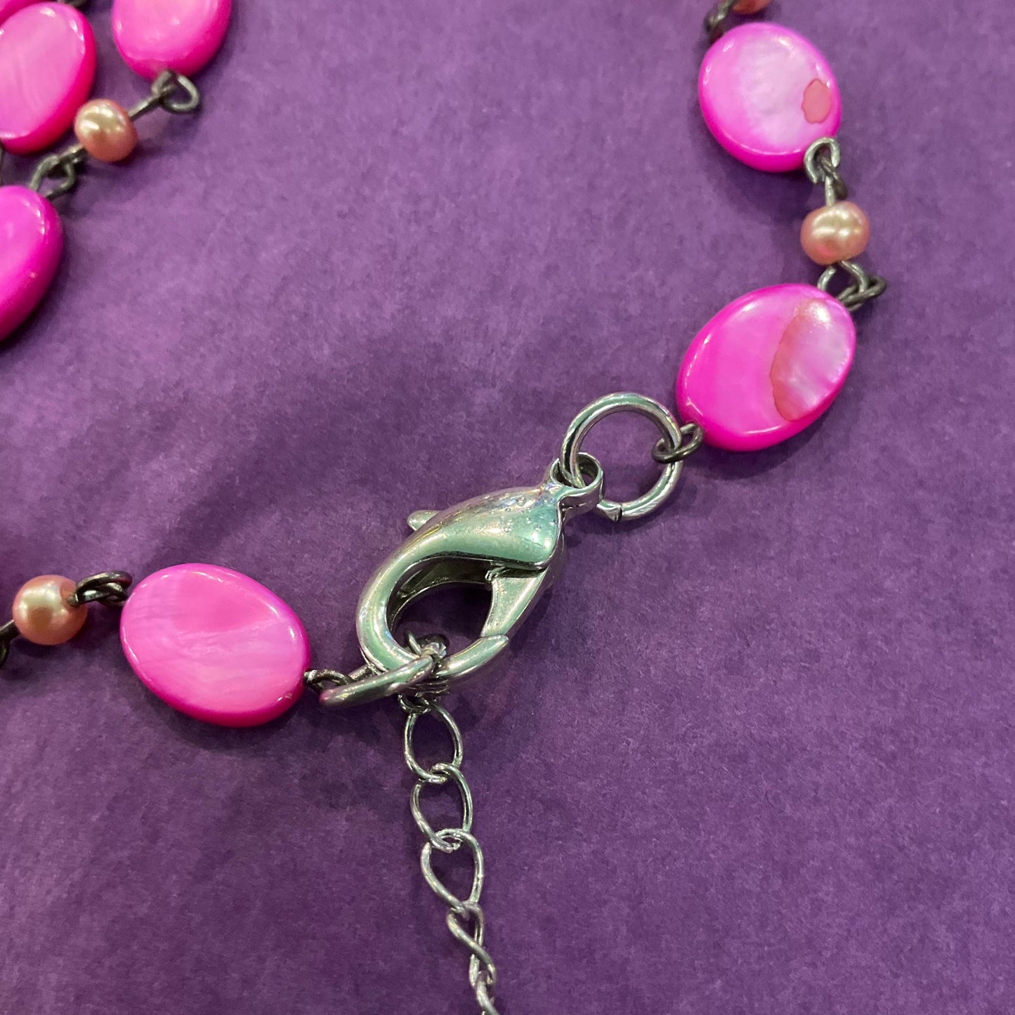 Vintage Butler and Wilson Pink Mother of Pearl Bohemian Flower Y Drop Necklace