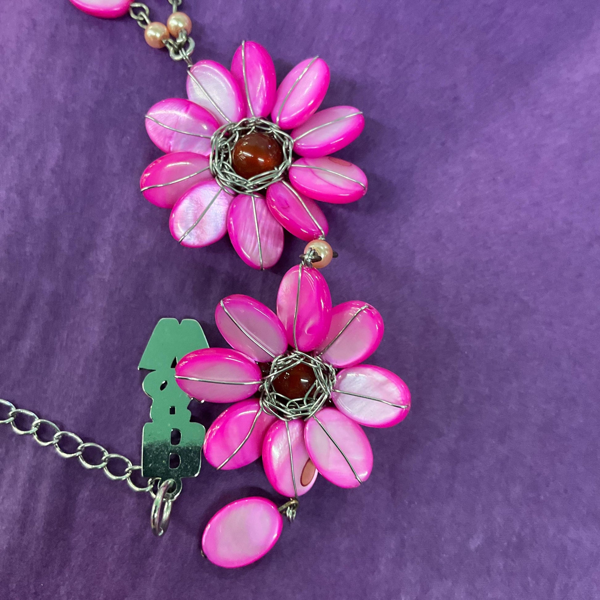 Vintage Butler and Wilson Pink Mother of Pearl Bohemian Flower Y Drop Necklace