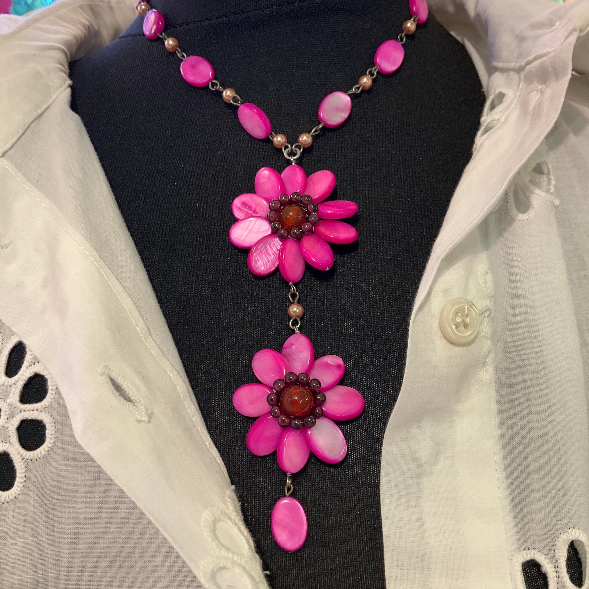 Vintage Butler and Wilson Pink Mother of Pearl Bohemian Flower Y Drop Necklace