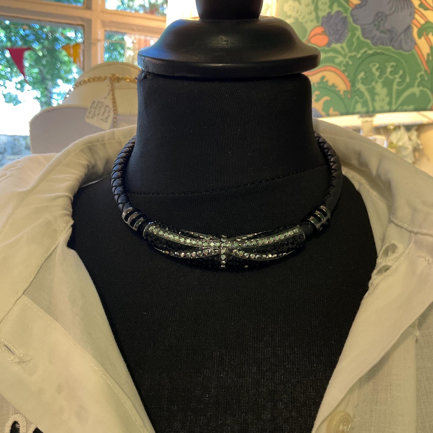 Vintage Butler and Wilson Gothic Union Jack Crystal Leather Cord Necklace