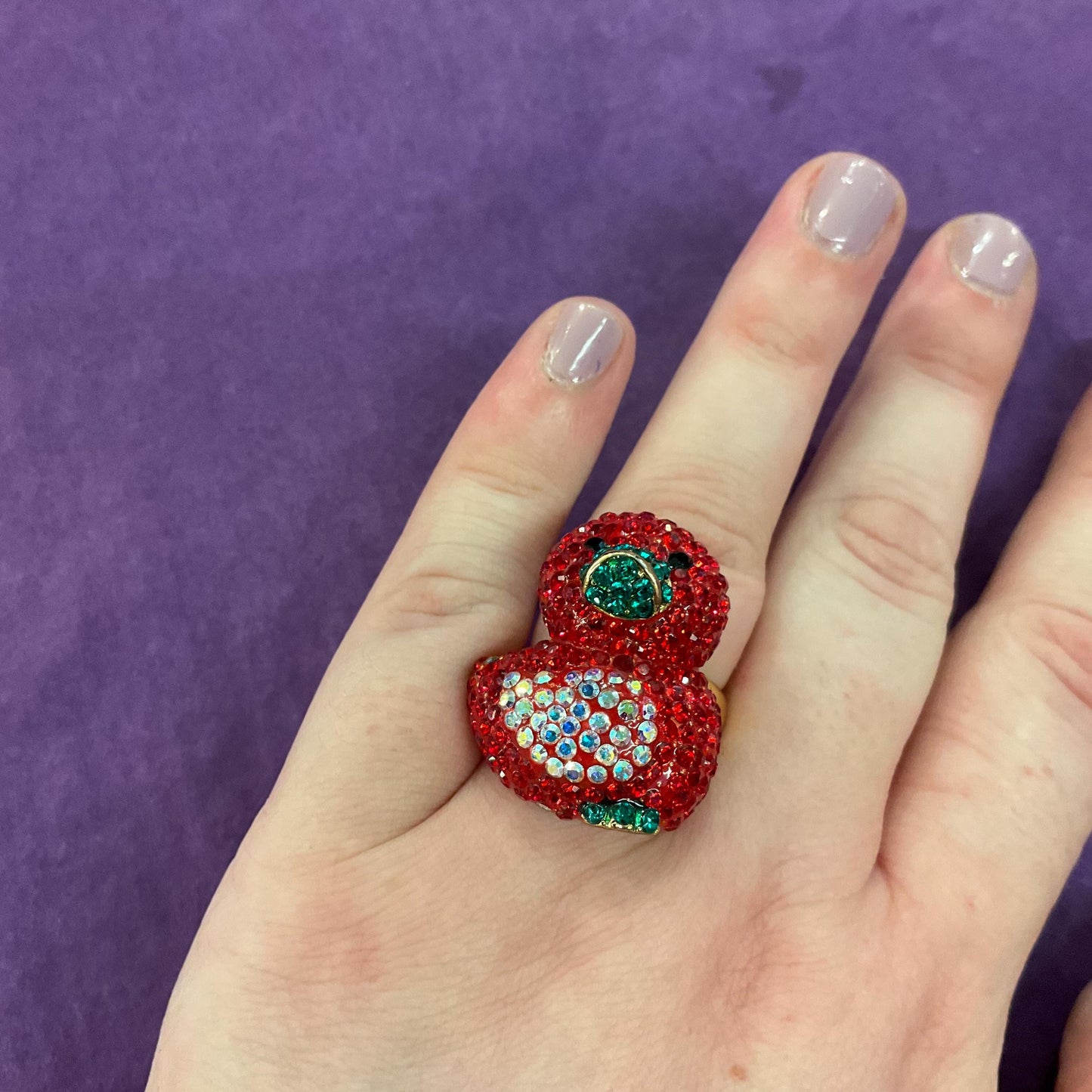 Vintage Butler and Wilson Red Crystal Duckling Ring, Adjustable from UK Size P, US Size 8