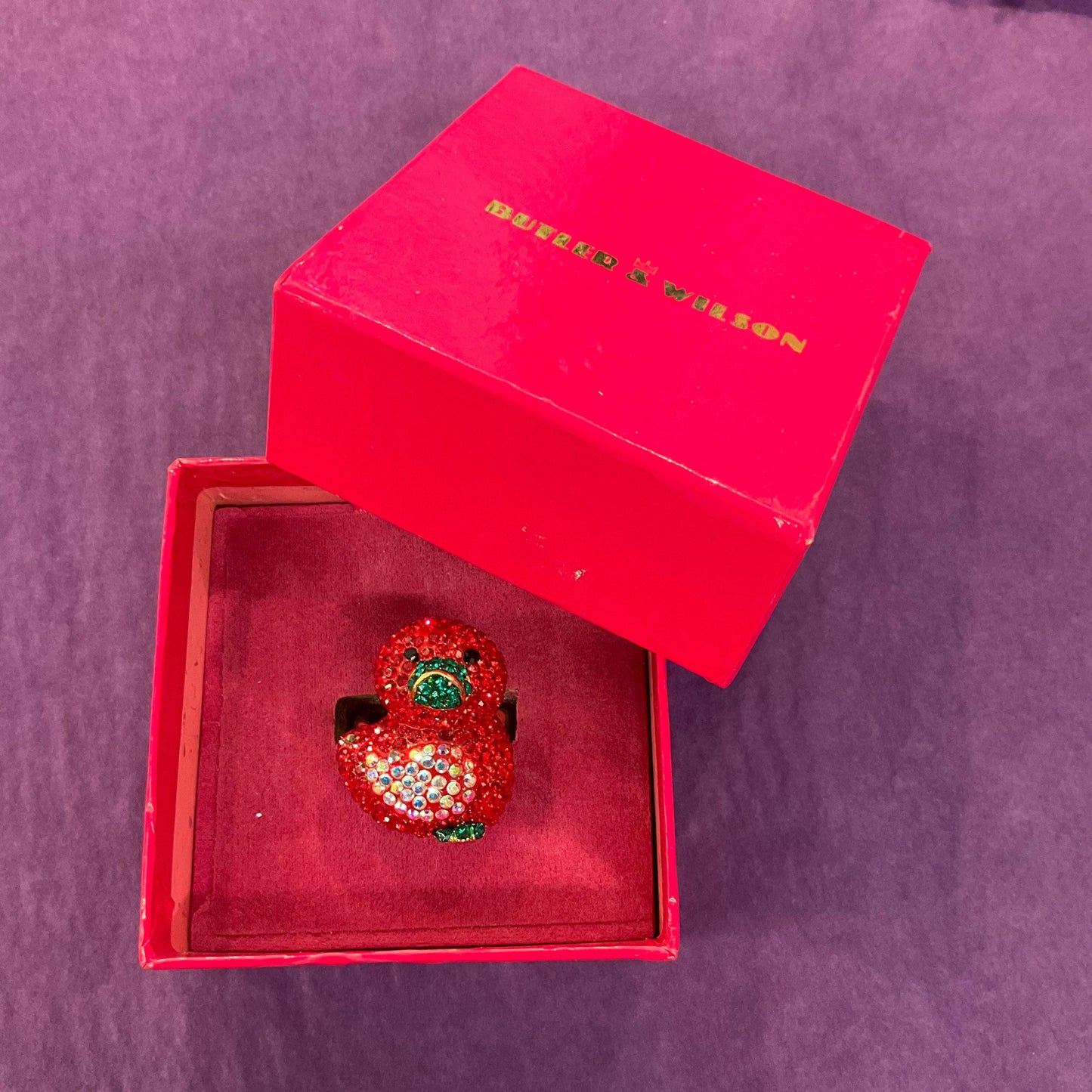 Vintage Butler and Wilson Red Crystal Duckling Ring, Adjustable from UK Size P, US Size 8