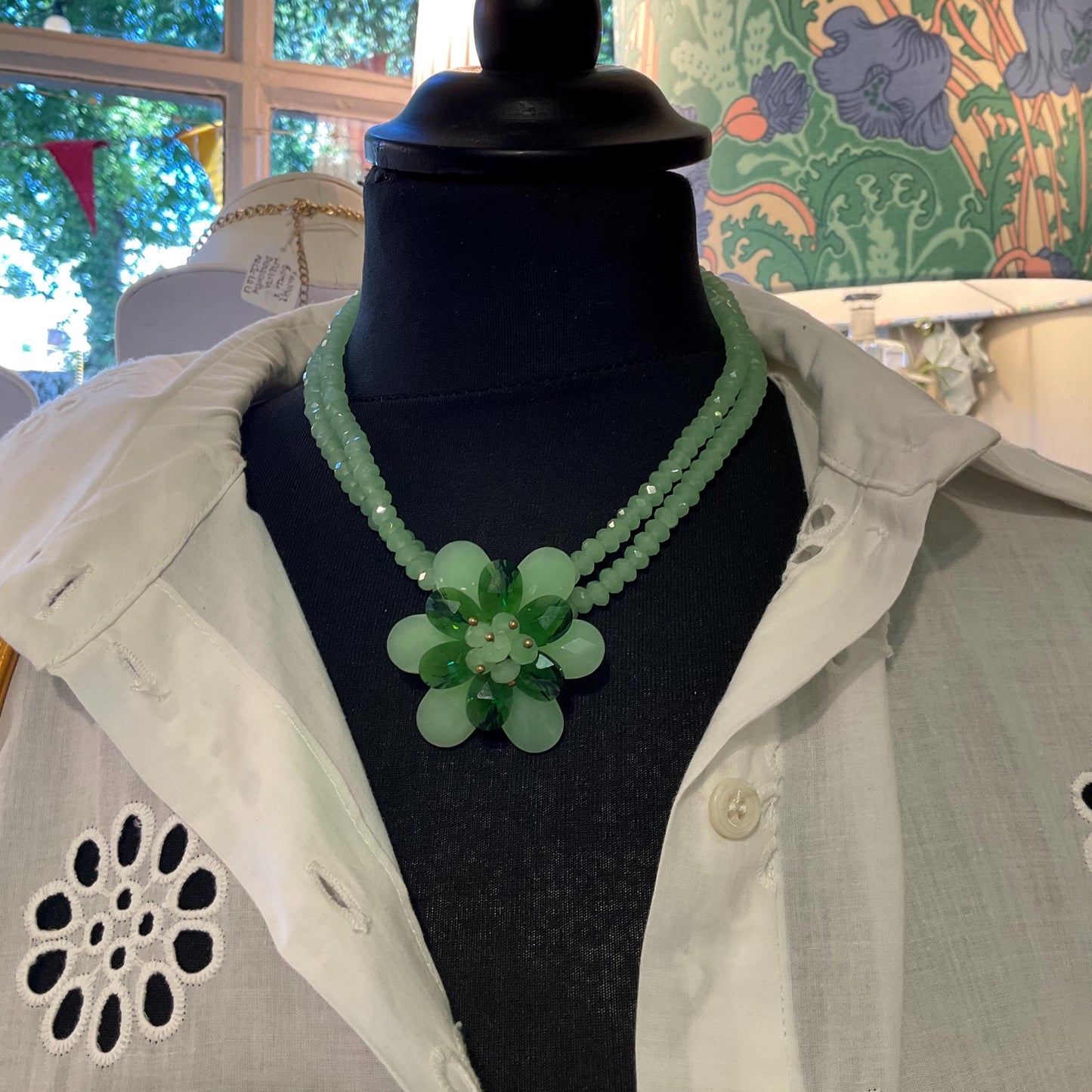 Vintage Butler and Wilson Green Milk Crystal Floral Twin Row Necklace