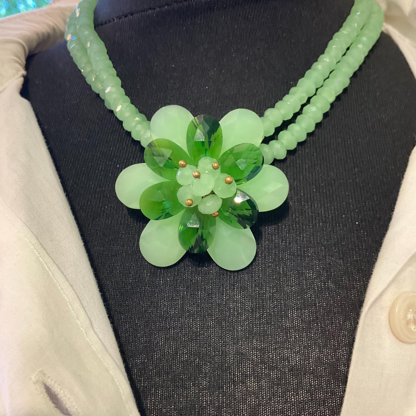 Vintage Butler and Wilson Green Milk Crystal Floral Twin Row Necklace