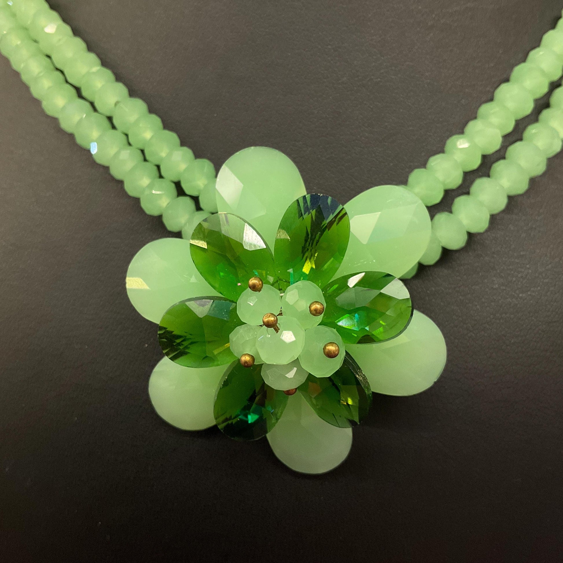 Vintage Butler and Wilson Green Milk Crystal Floral Twin Row Necklace