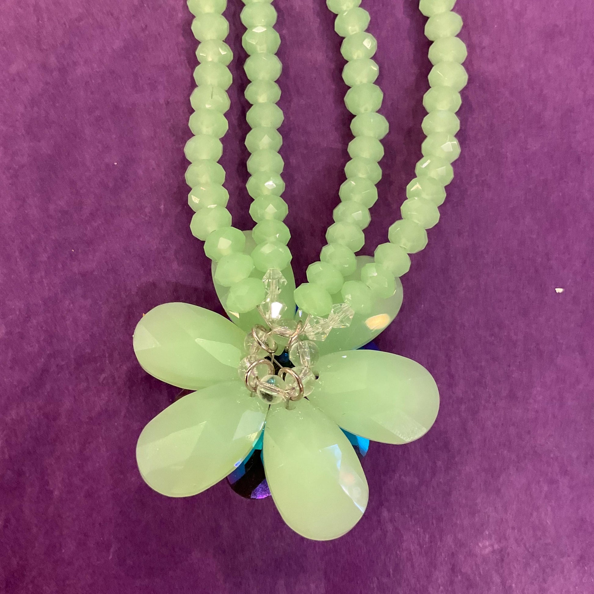 Vintage Butler and Wilson Green Milk Crystal Floral Twin Row Necklace