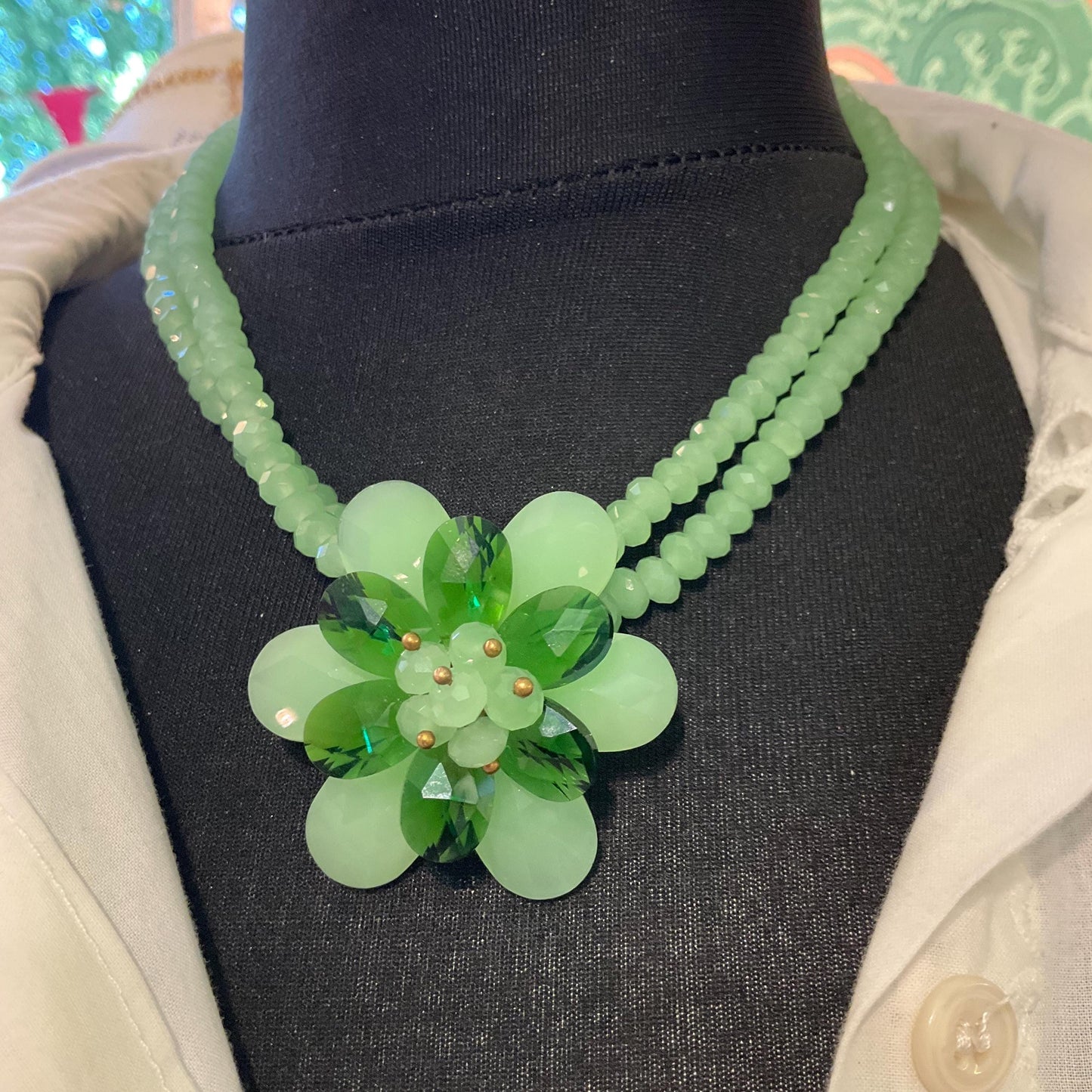 Vintage Butler and Wilson Green Milk Crystal Floral Twin Row Necklace