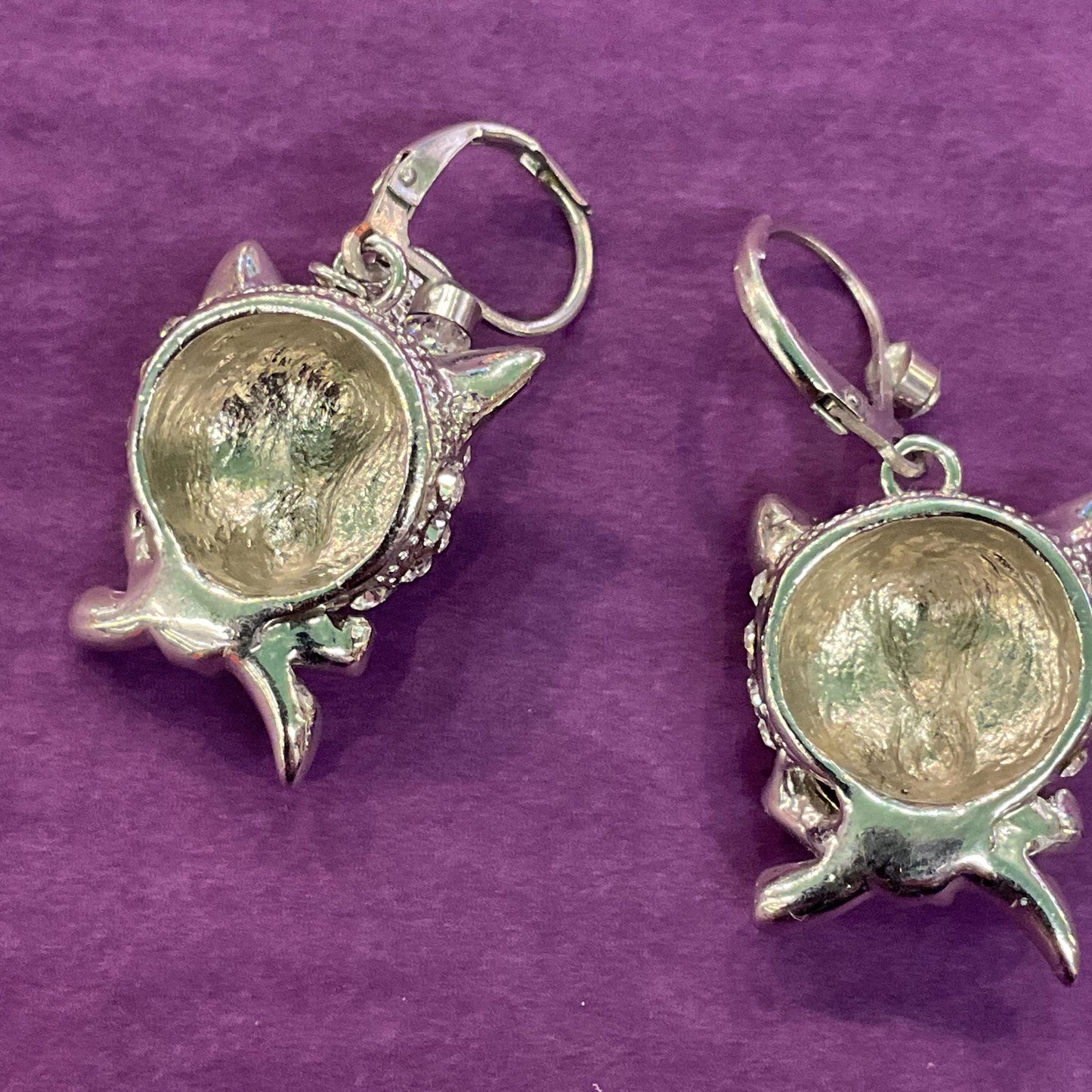 Vintage Butler and Wilson Crystal Cat Drop Earrings, silver tone with silver rhinestones and red enamel, cat lover gift
