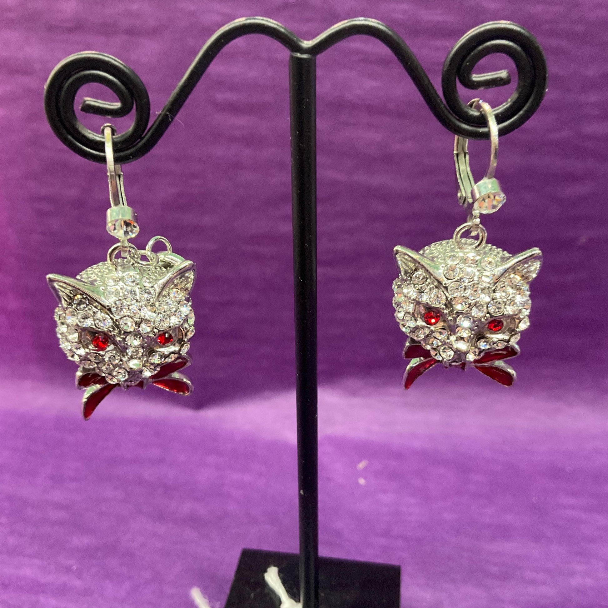Vintage Butler and Wilson Crystal Cat Drop Earrings, silver tone with silver rhinestones and red enamel, cat lover gift