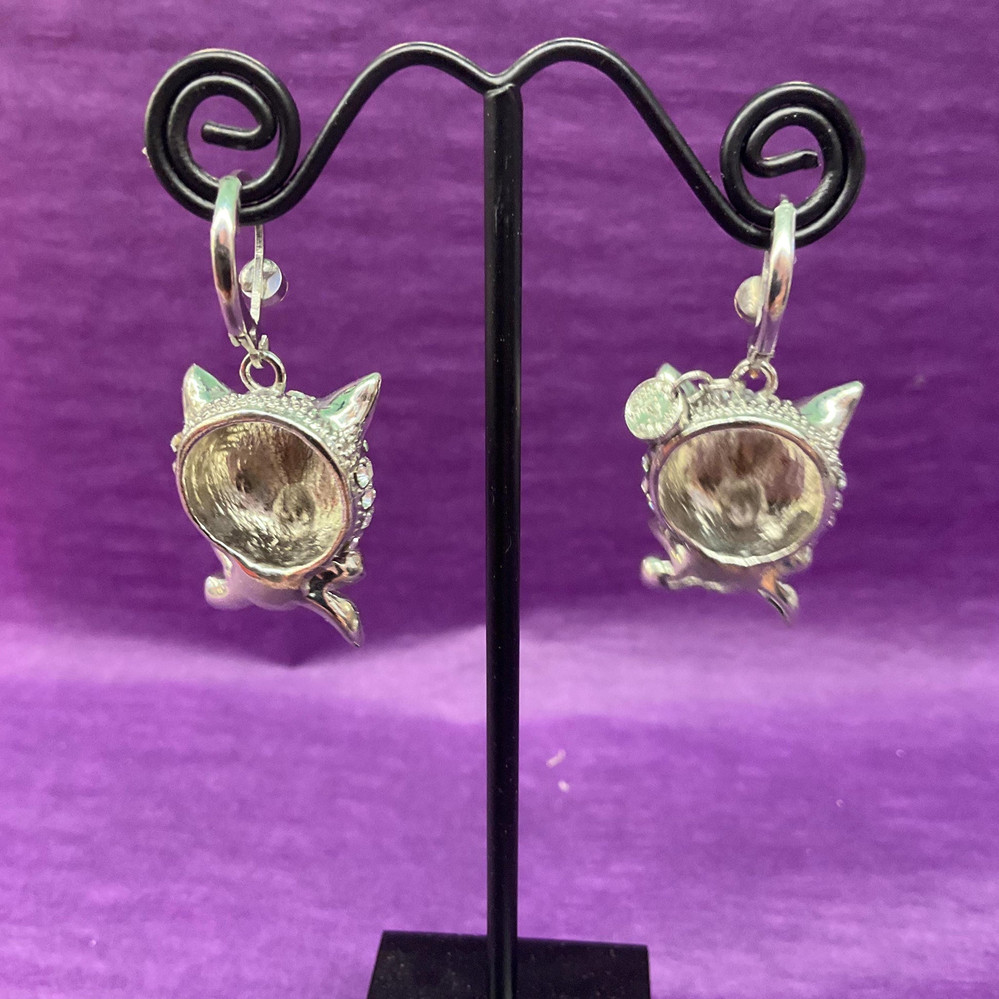 Vintage Butler and Wilson Crystal Cat Drop Earrings, silver tone with silver rhinestones and red enamel, cat lover gift