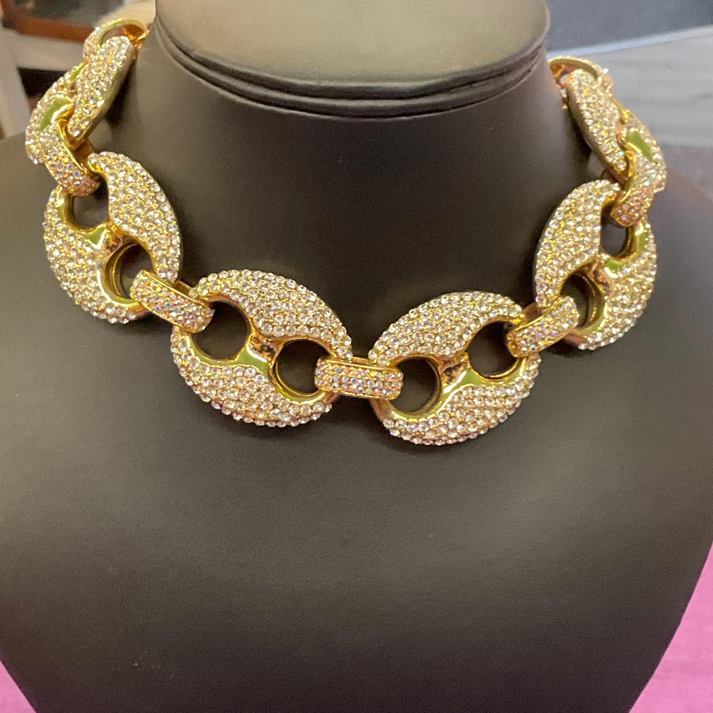 Vintage Butler and Wilson Statement Crystal Chain Link Necklace, Gold tone with silver and Aurora Borealis rhinestones