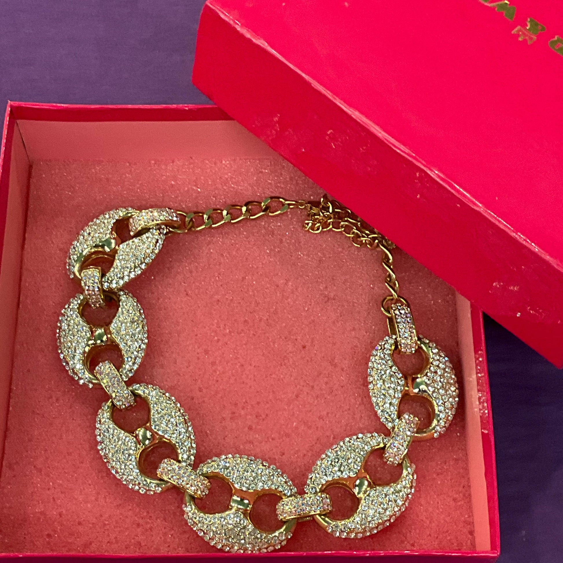 Vintage Butler and Wilson Statement Crystal Chain Link Necklace, Gold tone with silver and Aurora Borealis rhinestones