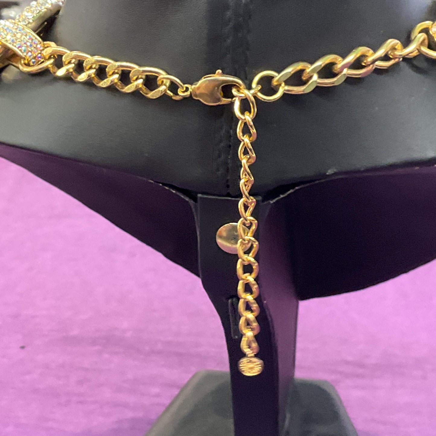 Vintage Butler and Wilson Statement Crystal Chain Link Necklace, Gold tone with silver and Aurora Borealis rhinestones