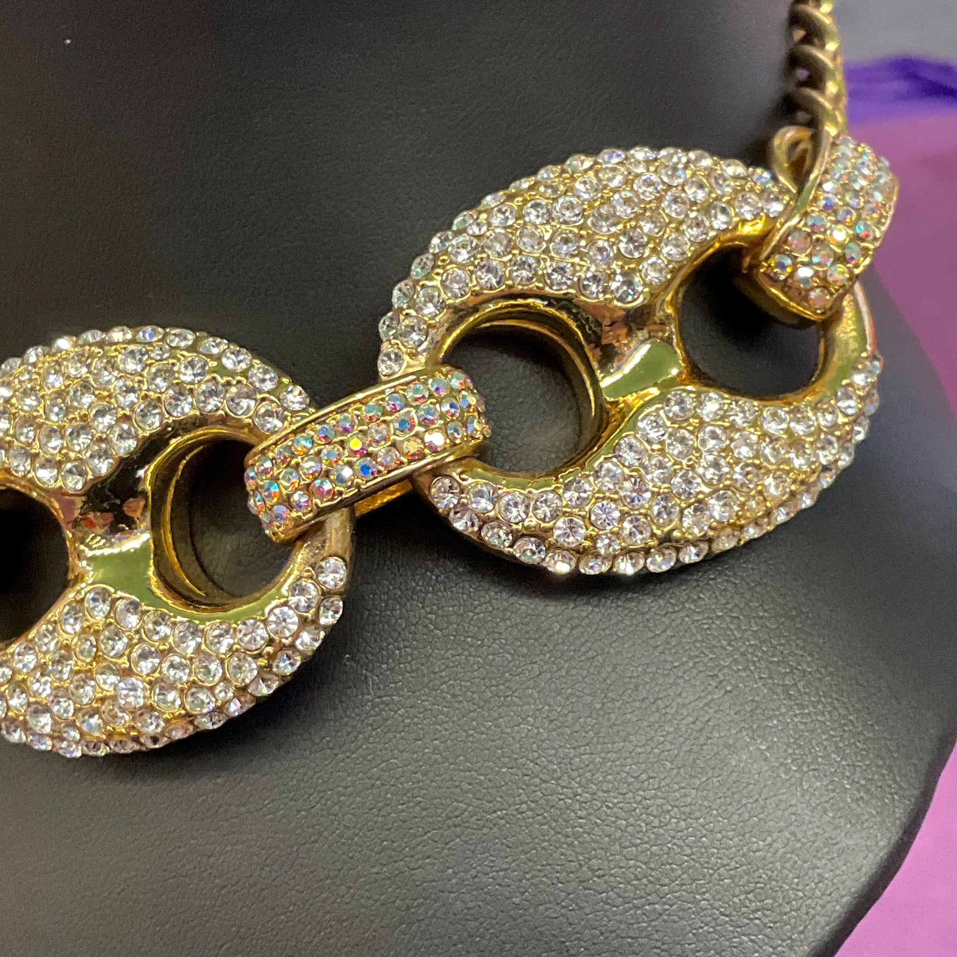 Vintage Butler and Wilson Statement Crystal Chain Link Necklace, Gold tone with silver and Aurora Borealis rhinestones