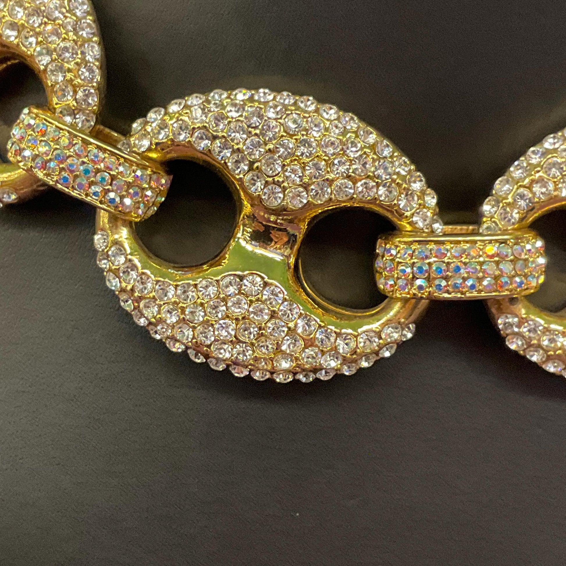 Vintage Butler and Wilson Statement Crystal Chain Link Necklace, Gold tone with silver and Aurora Borealis rhinestones