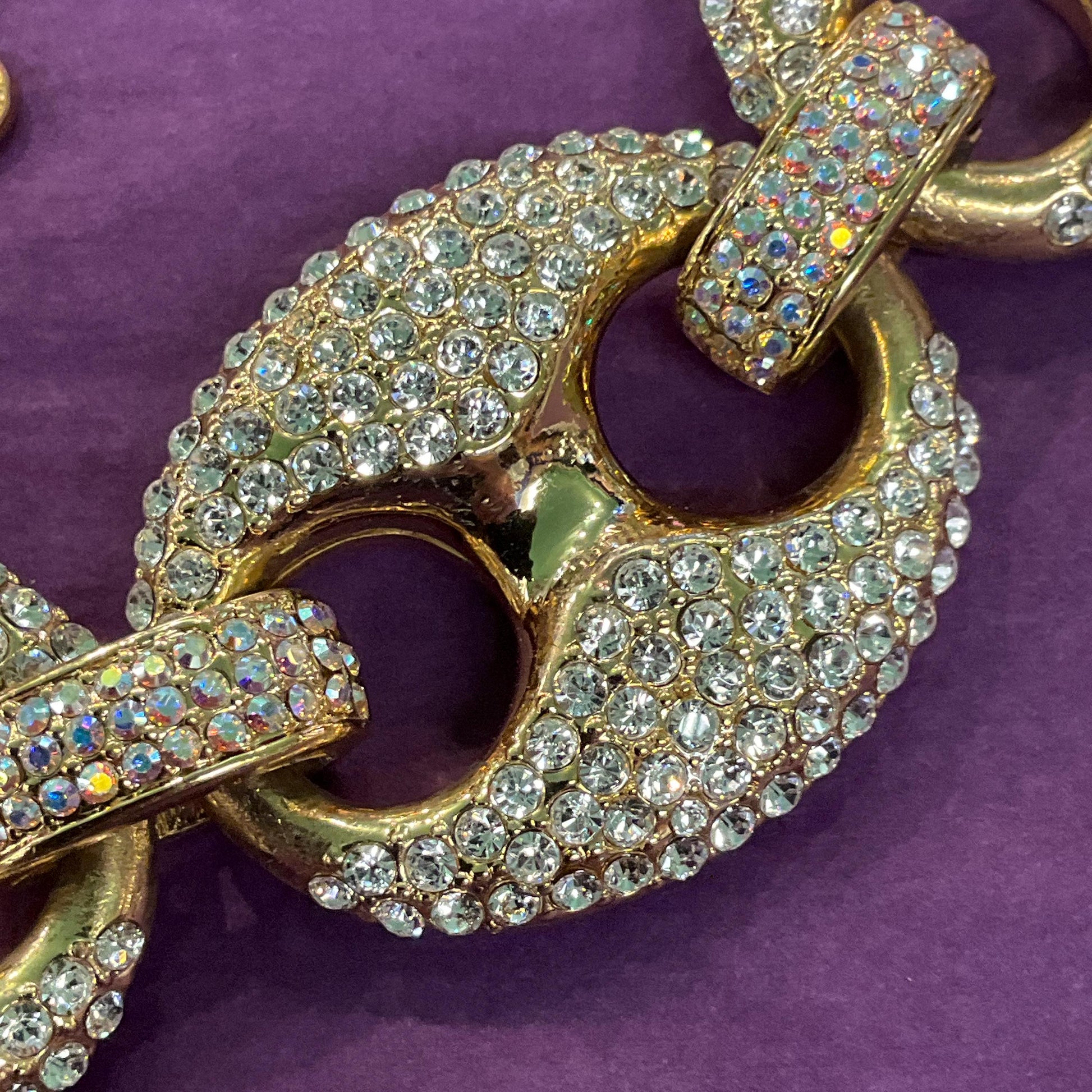 Vintage Butler and Wilson Statement Crystal Chain Link Necklace, Gold tone with silver and Aurora Borealis rhinestones