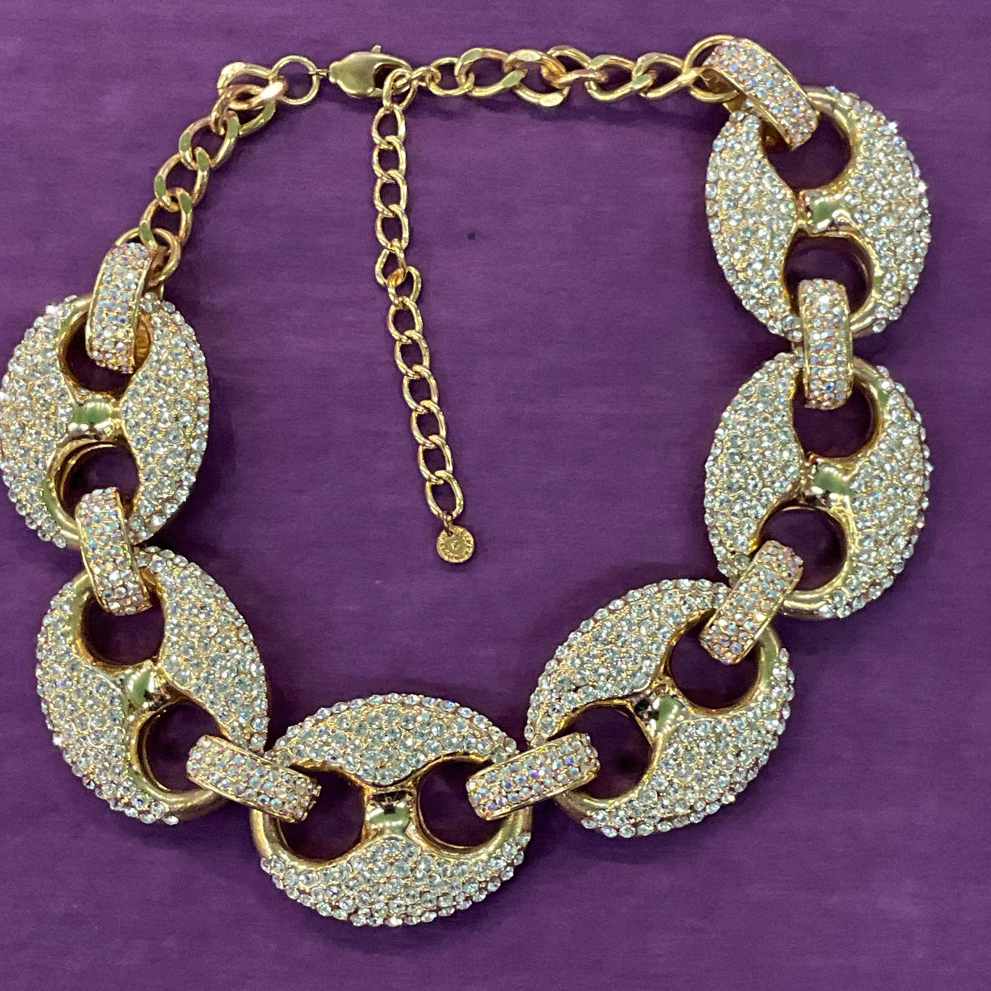 Vintage Butler and Wilson Statement Crystal Chain Link Necklace, Gold tone with silver and Aurora Borealis rhinestones