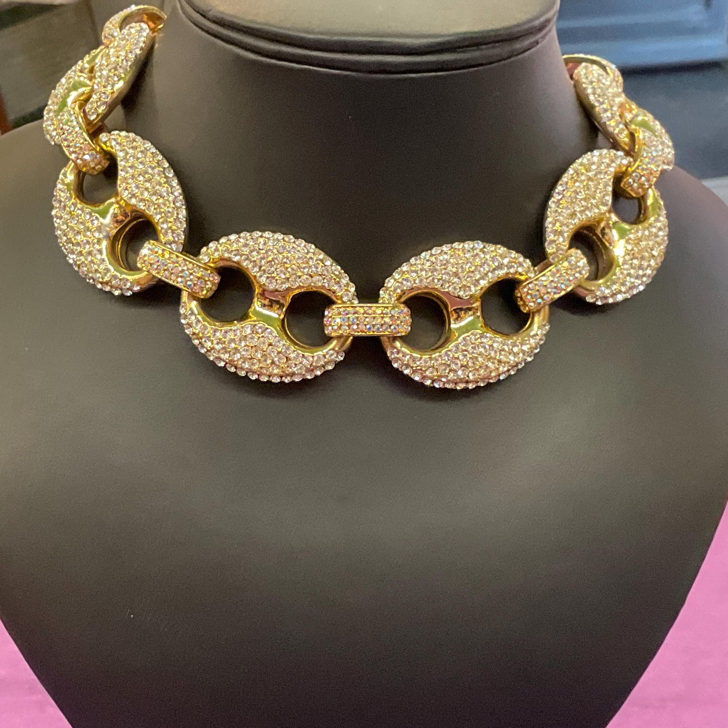 Vintage Butler and Wilson Statement Crystal Chain Link Necklace, Gold tone with silver and Aurora Borealis rhinestones