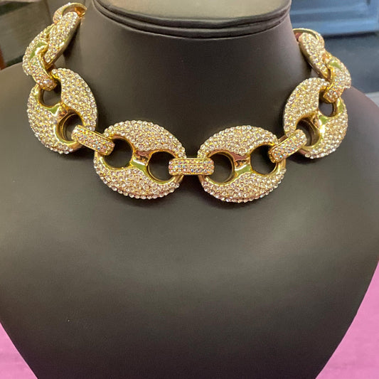Vintage Butler and Wilson Statement Crystal Chain Link Necklace, Gold tone with silver and Aurora Borealis rhinestones