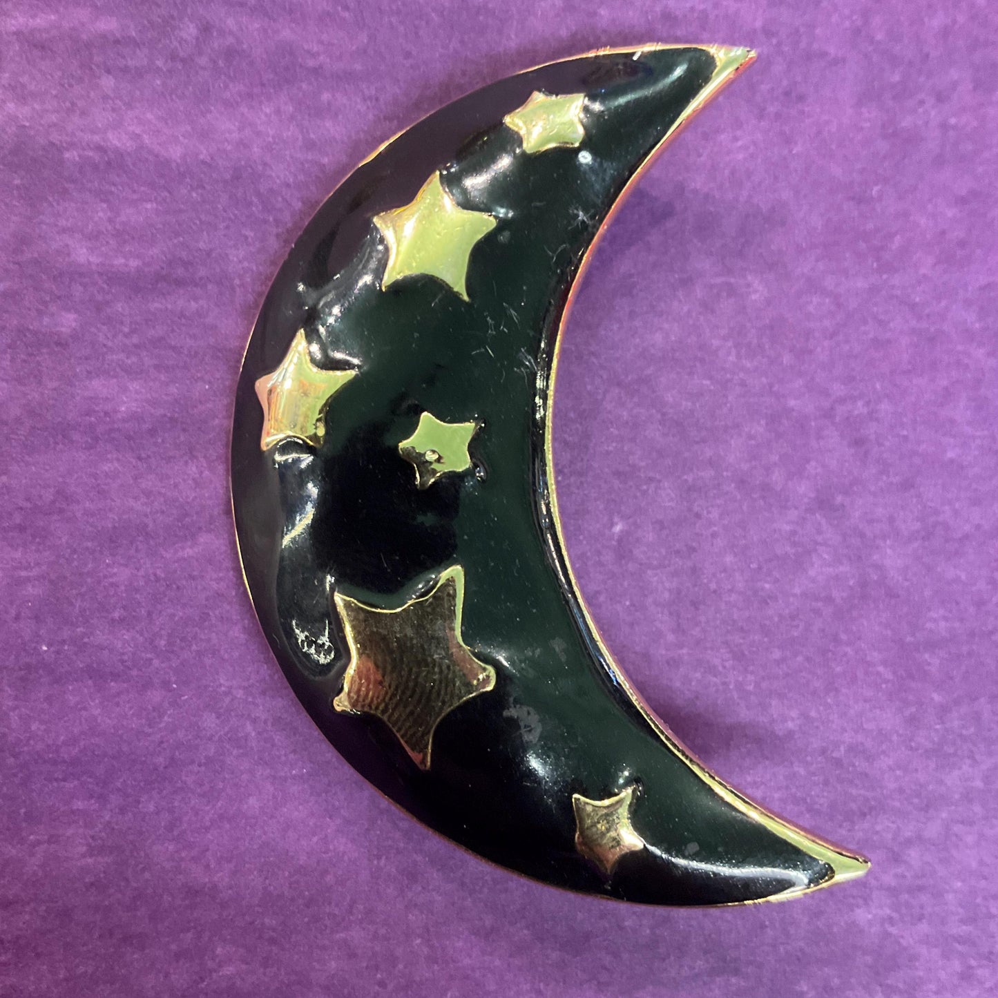 Vintage 1980s Black and Gold Moon and Stars Large Brooch, gold tone with black glossy enamel