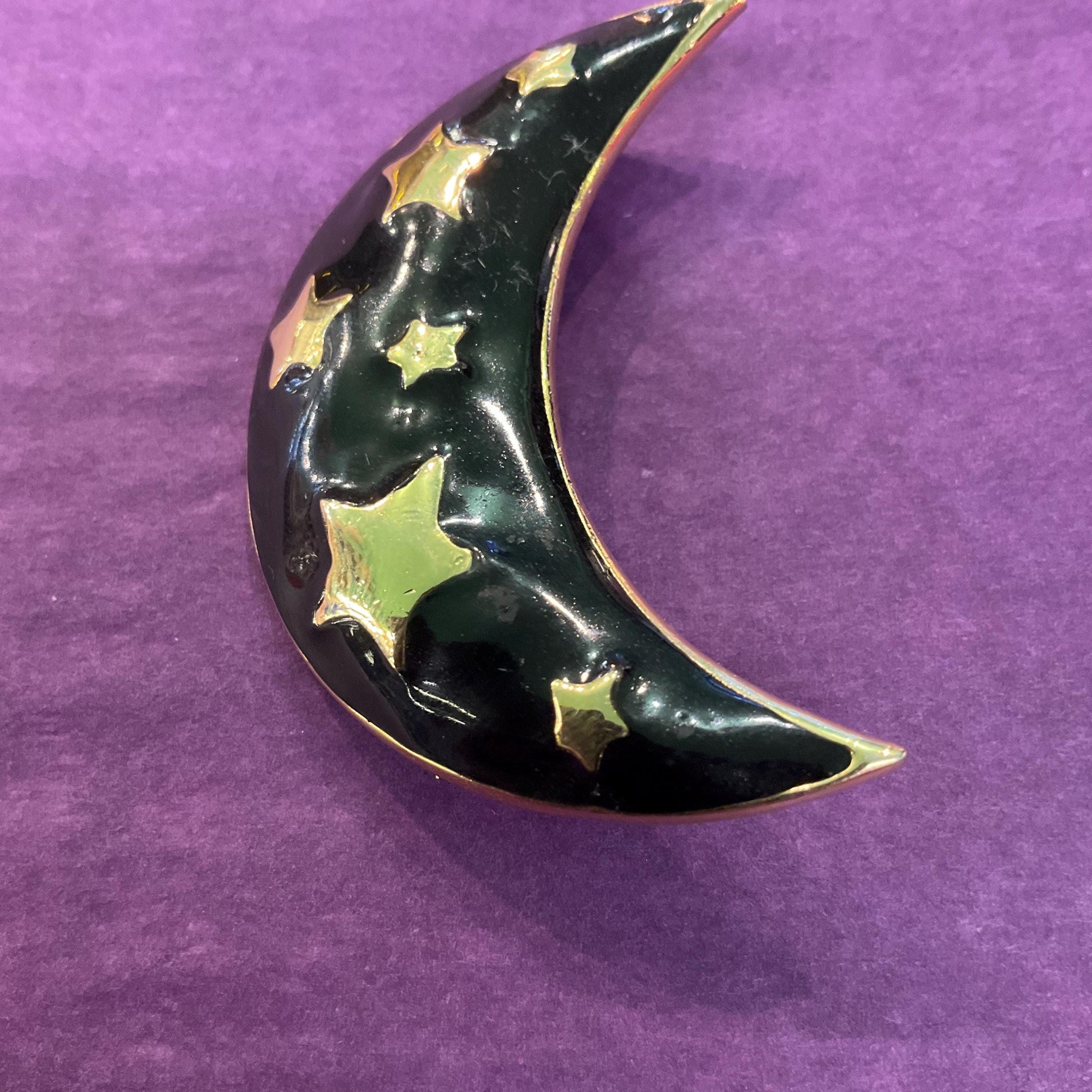 Vintage 1980s Black and Gold Moon and Stars Large Brooch, gold tone with black glossy enamel