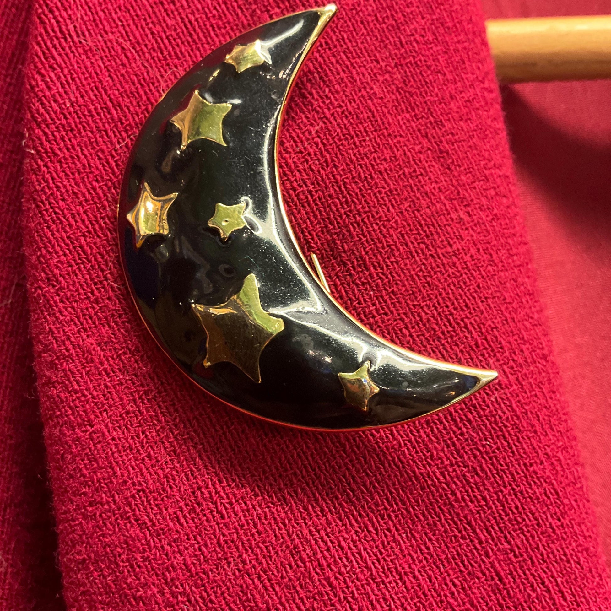 Vintage 1980s Black and Gold Moon and Stars Large Brooch, gold tone with black glossy enamel
