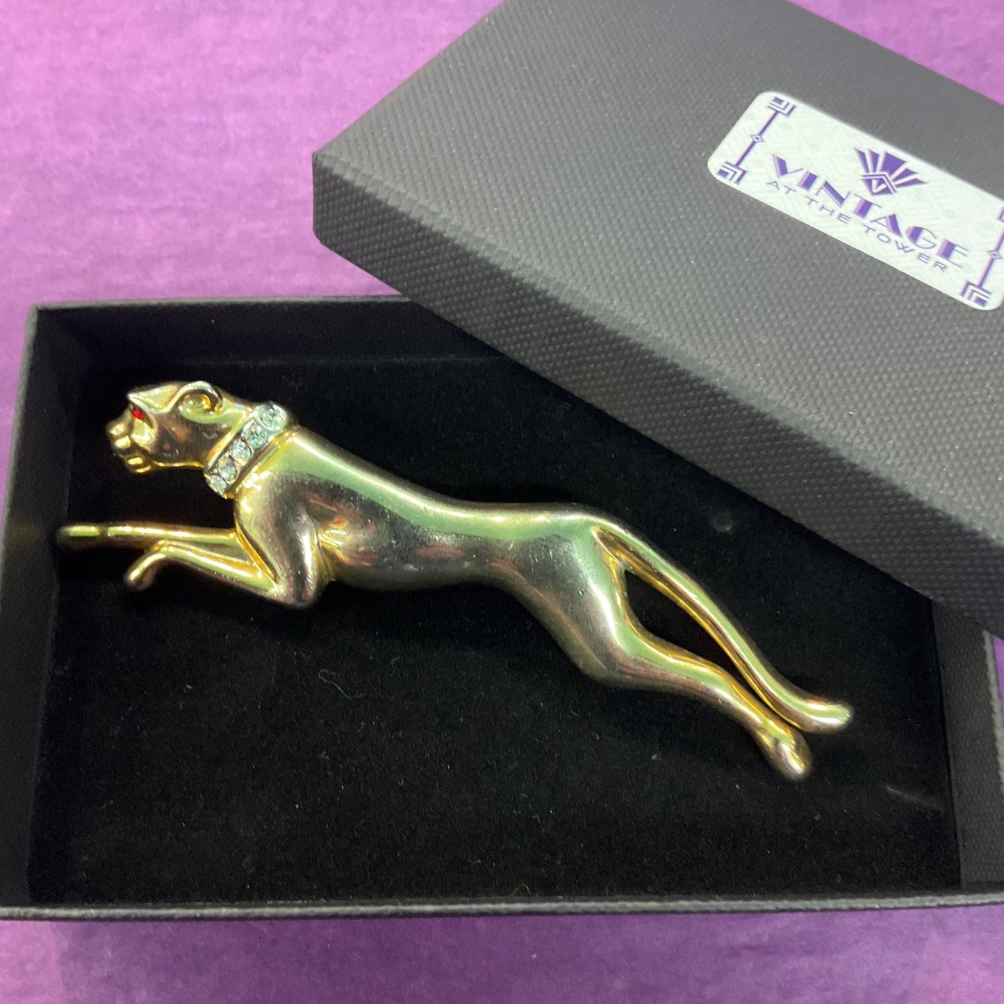 Vintage 1980s ‘Big Cat’ Art Deco Style Golden Panther Large Brooch, gold tone with silver and red rhinestones