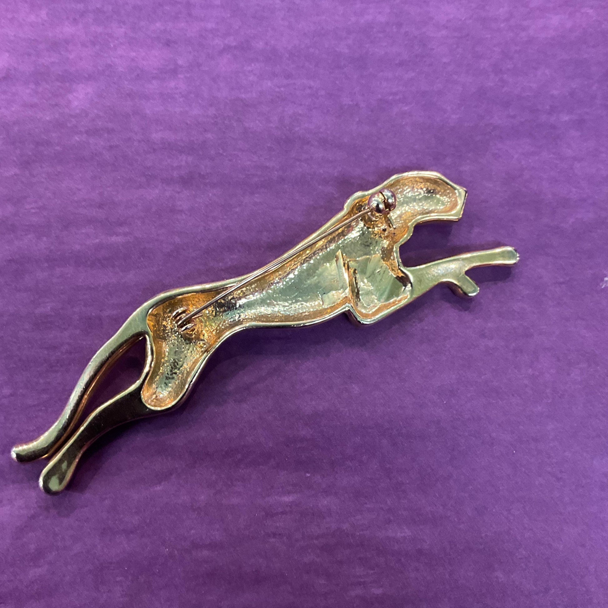 Vintage 1980s ‘Big Cat’ Art Deco Style Golden Panther Large Brooch, gold tone with silver and red rhinestones