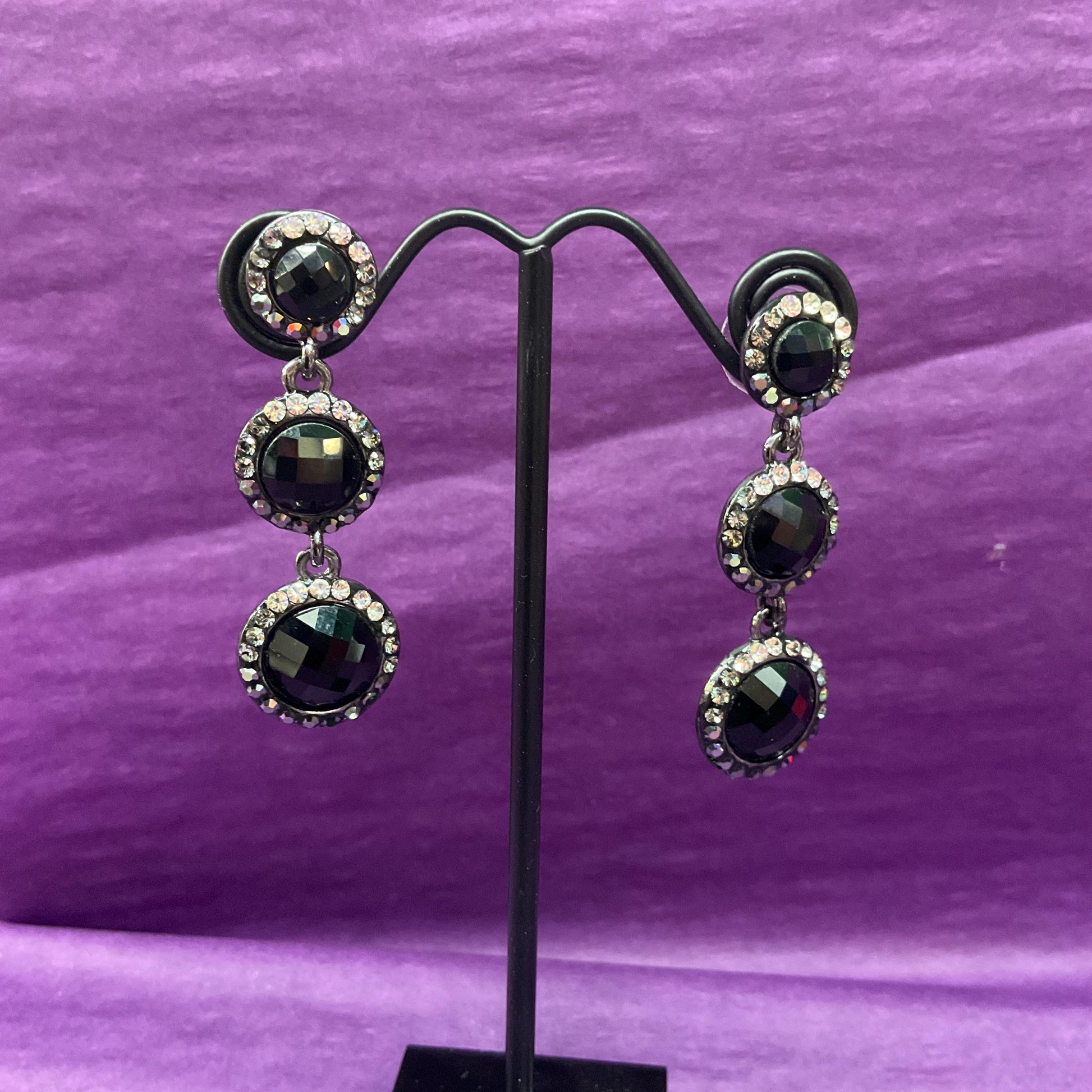 Vintage Butler and Wilson Monotone Crystal Drop Earrings, Dark Pewter tone with black chequerboard cut crystals and silver rhinestones