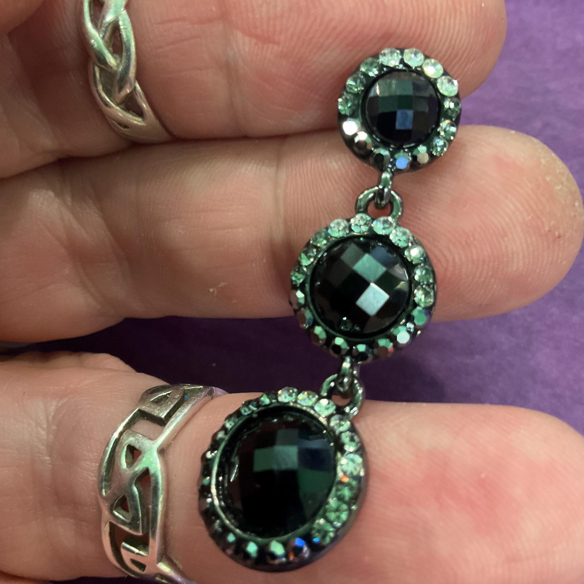 Vintage Butler and Wilson Monotone Crystal Drop Earrings, Dark Pewter tone with black chequerboard cut crystals and silver rhinestones