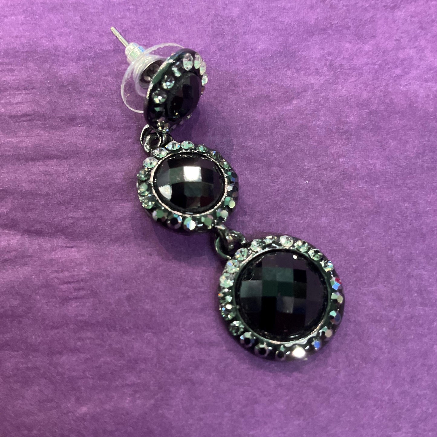 Vintage Butler and Wilson Monotone Crystal Drop Earrings, Dark Pewter tone with black chequerboard cut crystals and silver rhinestones